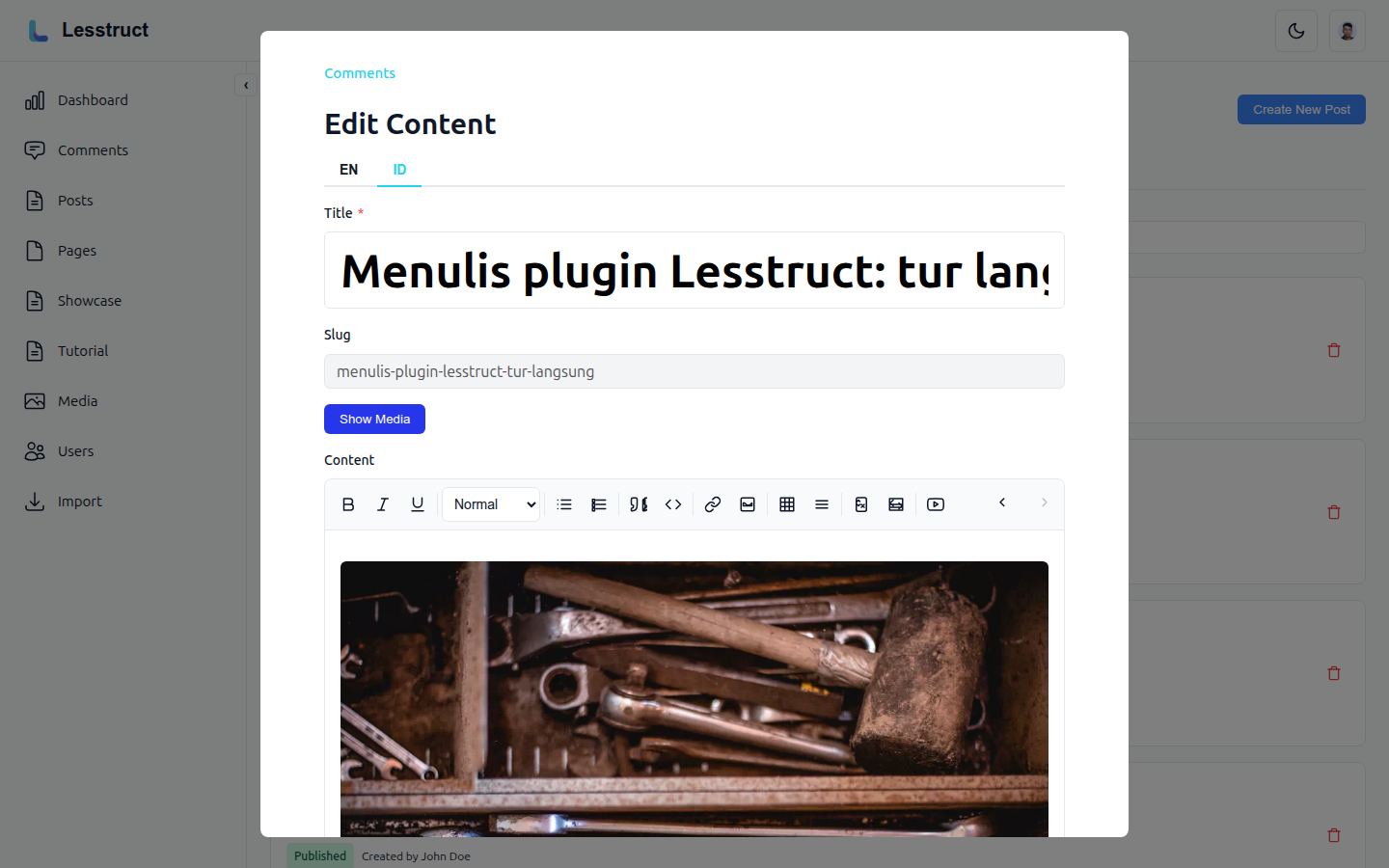 The content editor: TipTap rich text with a custom fields panel and collapsible SEO settings.