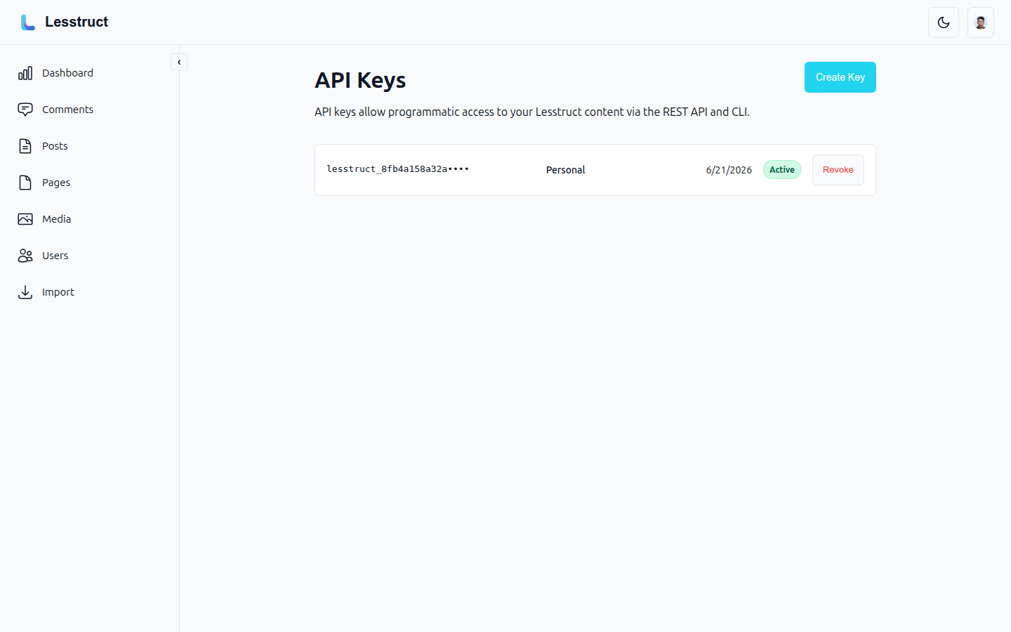 The API keys management view in the admin profile.