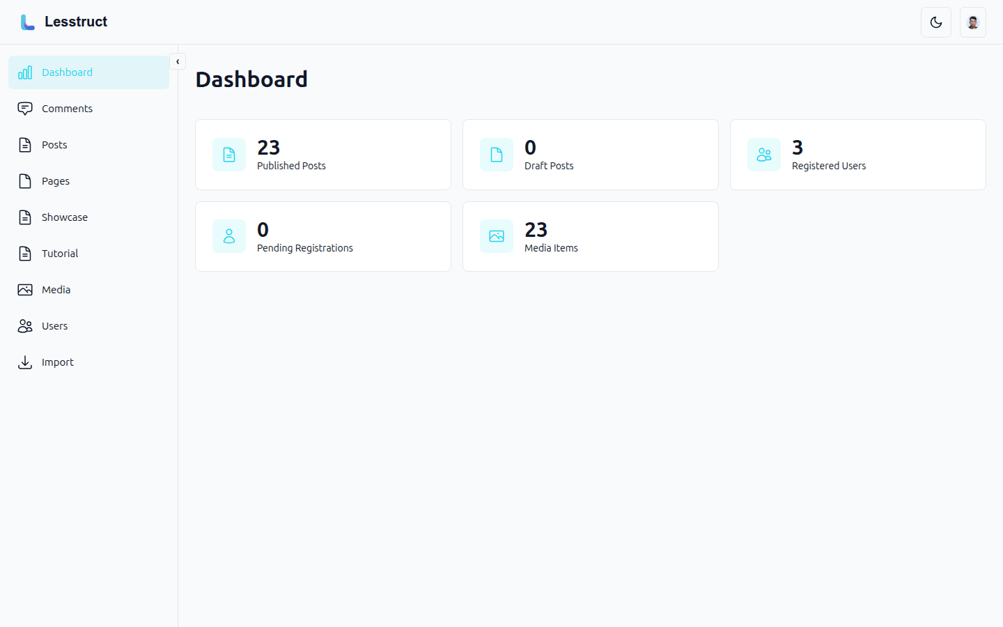 The admin dashboard with published and draft counts, recent content, and moderation stats.