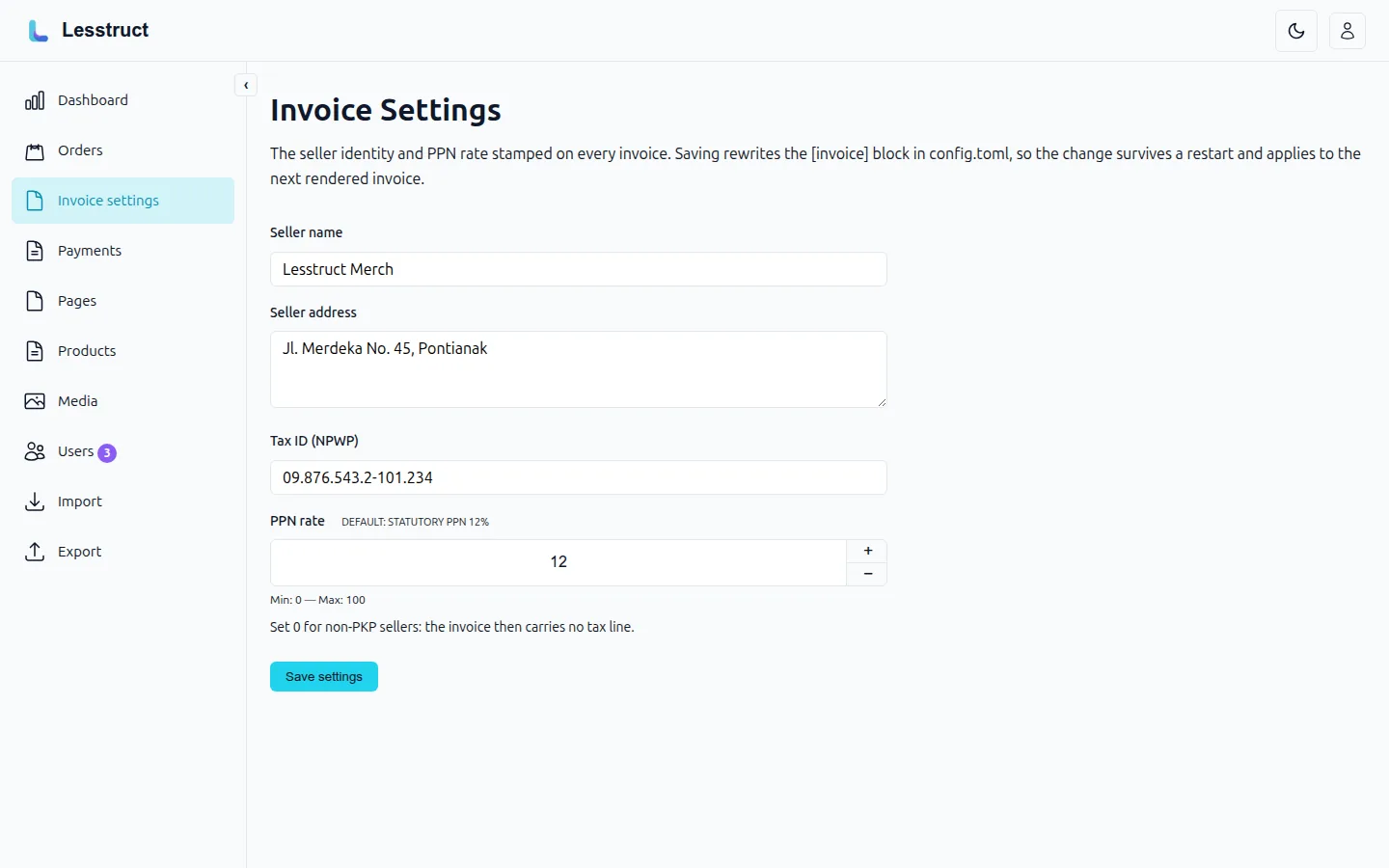 Invoice settings form: seller name, address, tax ID, PPN rate