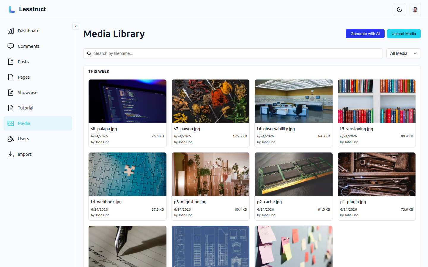 The media library: a searchable grid of uploaded images with thumbnails and metadata.