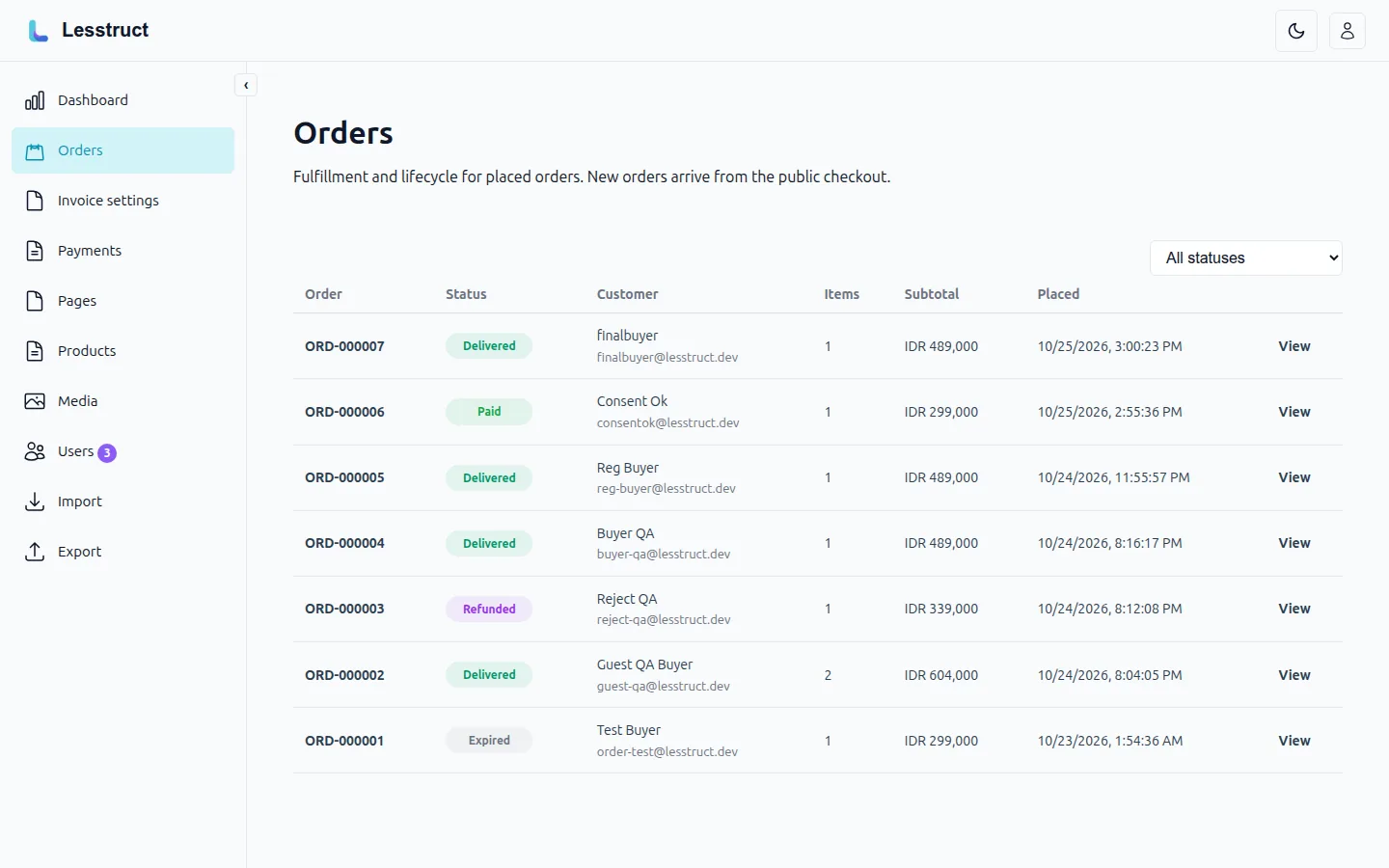 Orders list showing statuses from expired to delivered