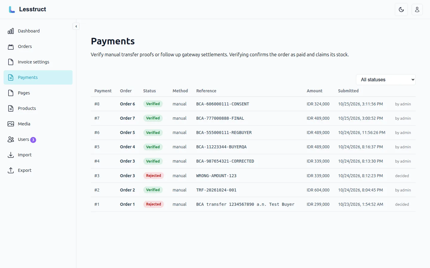 Payments list with verified and rejected manual transfer proofs
