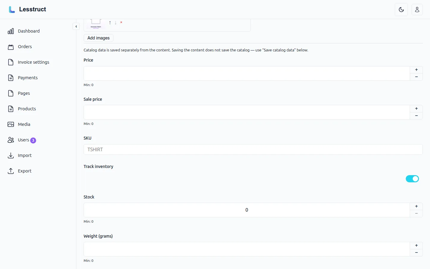 Product editor Catalog panel: price, SKU, inventory, and variant axes