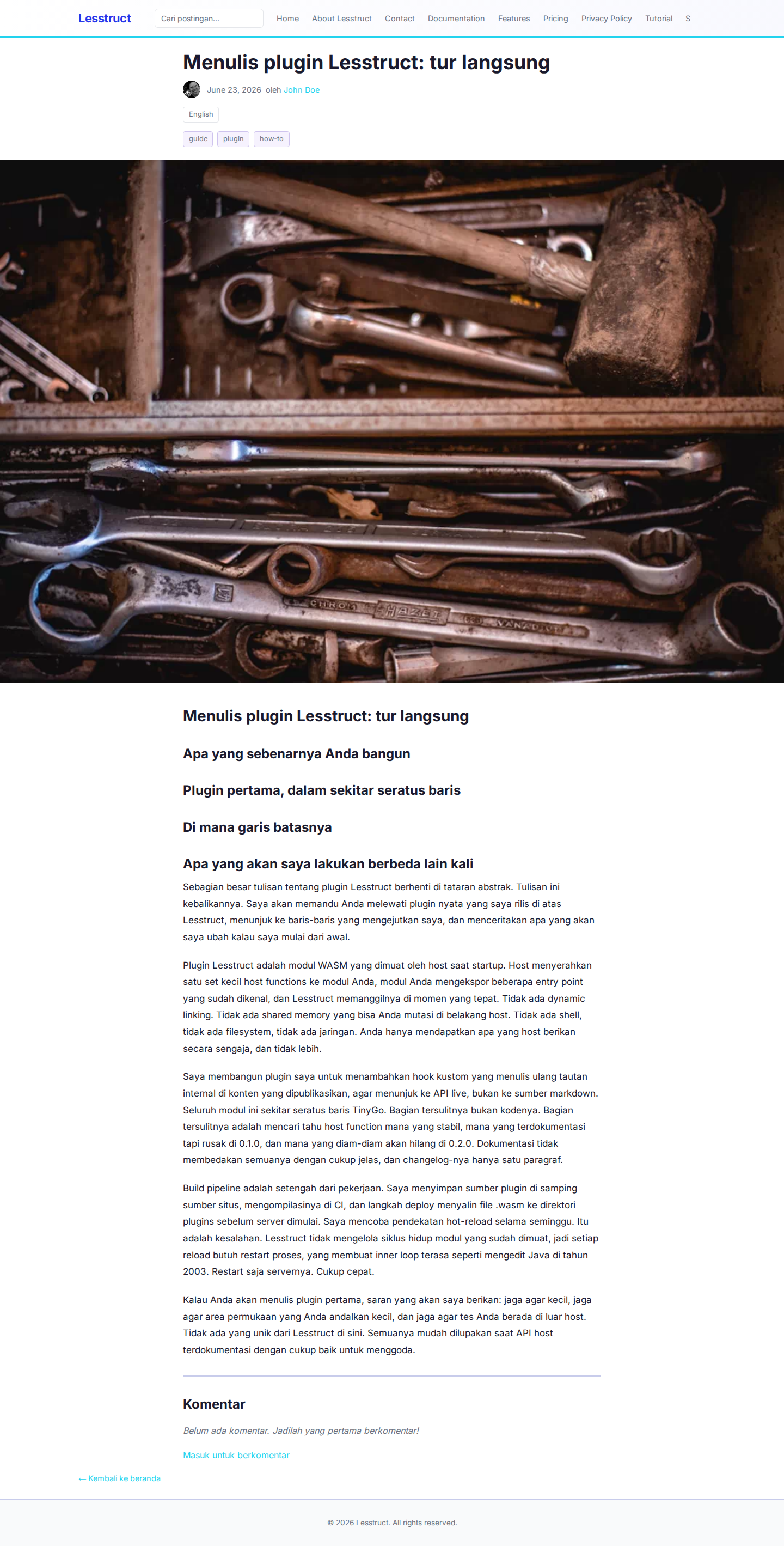 A rendered blog post: title, cover image, body prose, tags, and a comments section.